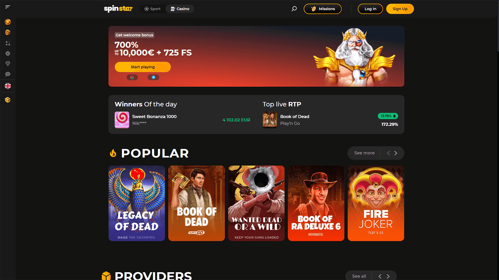 SpinStar.bet Casino Homepage